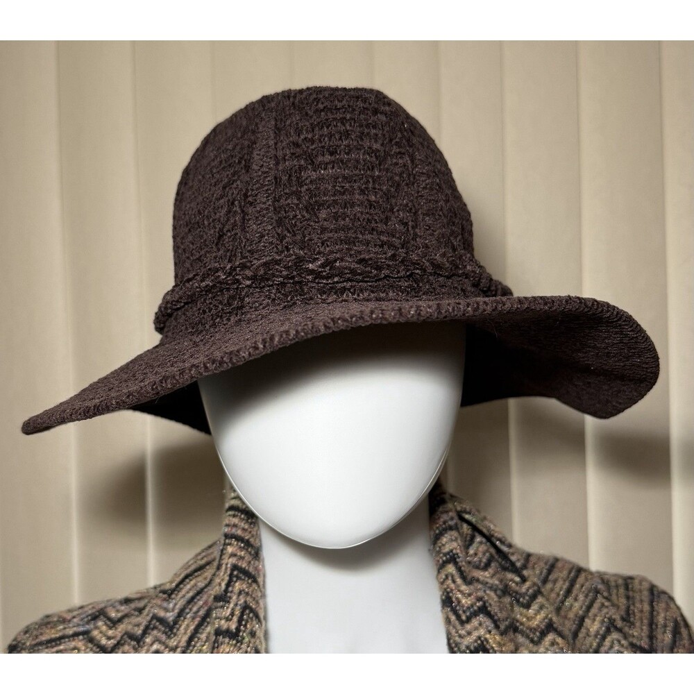Time and Tru Brown Chenille Wide Brim Floppy Hat Braided Band One Size